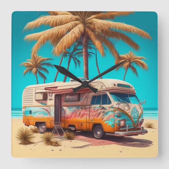 Retro RV and Palm Trees Square Wall Clock (Front)