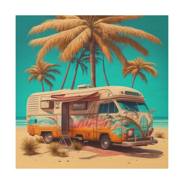 Retro RV and Palm Trees Wood Wall Art (Front)