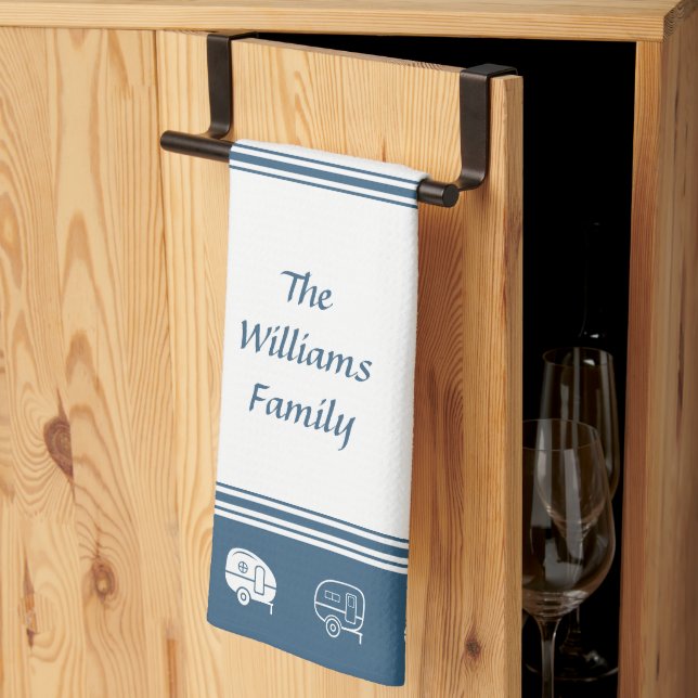Retro RV Campers Family Name in Blue and White Kitchen Towel (Thirds Fold)
