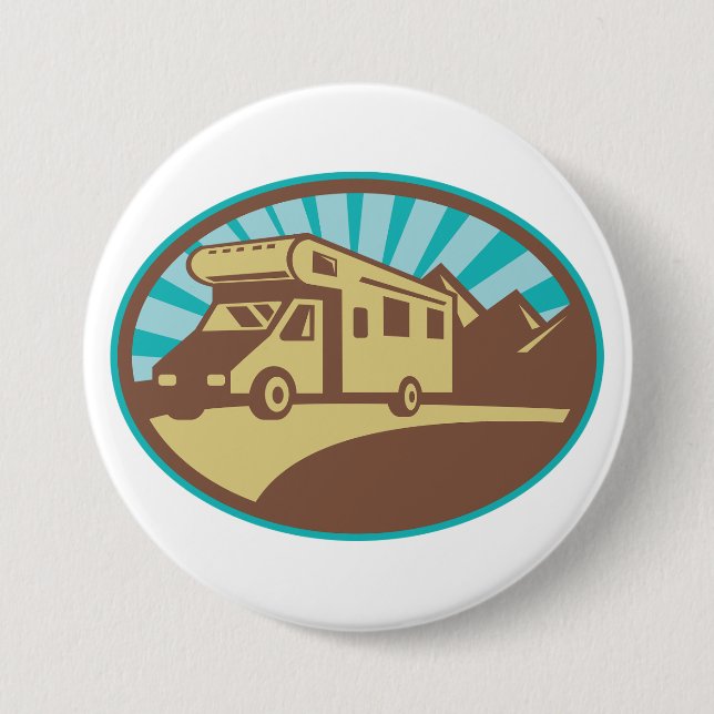 Retro RV Campervan Mountain Adventure Vintage Sun Button (Front)