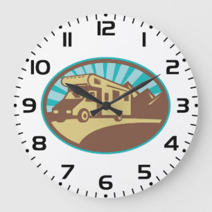 Retro RV Campervan Mountain Adventure Vintage Sun Large Clock