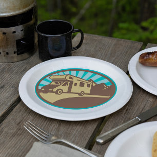 Retro RV Campervan Mountain Adventure Vintage Sun Paper Plates