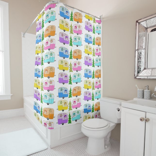 Retro RV Motorhome Trailer Camper Christmas Xmas Shower Curtain (In Situ)