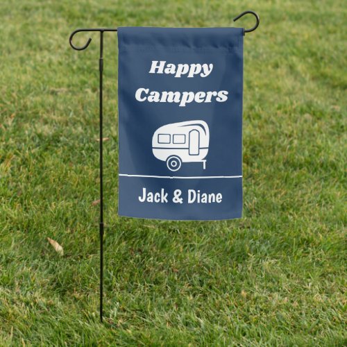 Retro RV Trailer Happy Campers and Names Navy Blue Garden Flag