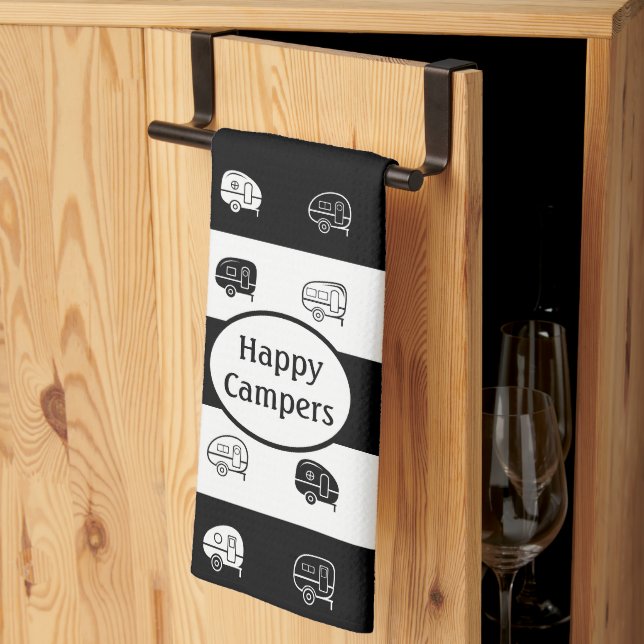 Retro RV Trailer Happy Campers Black & White Kitchen Towel (Thirds Fold)