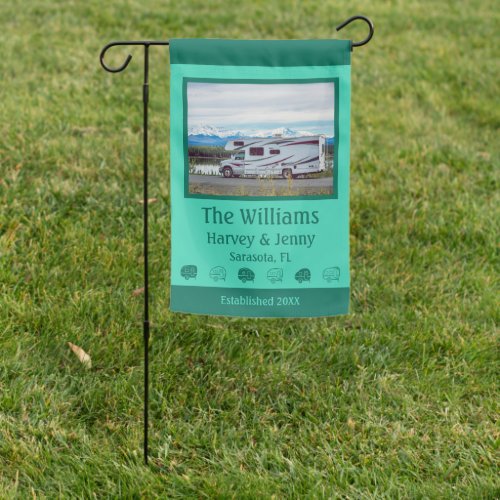 Retro RVs Family Name and Photo Green Campsite Garden Flag