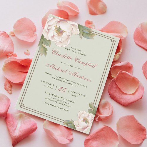 Retro Sage and Blush Wedding Peony Floral  Invitation