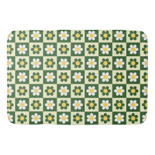 Retro Sage Green and Cream Daisy Checkerboard Bath Mat