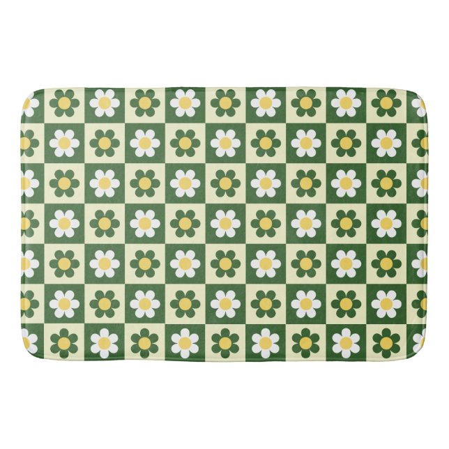 Retro Sage Green and Cream Daisy Checkerboard  Bath Mat (Front)