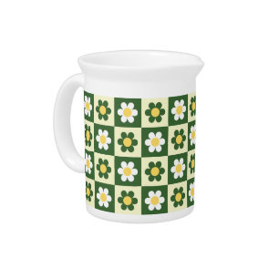 Retro Sage Green and Cream Daisy Checkerboard Beverage Pitcher