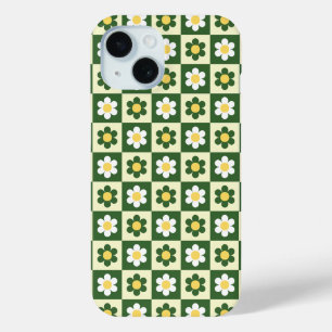Retro Sage Green and Cream Daisy Checkerboard iPhone 15 Case
