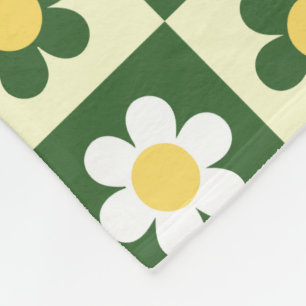 Retro Sage Green and Cream Daisy Checkerboard  Fleece Blanket