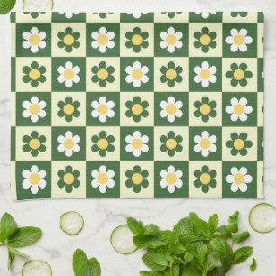 Retro Sage Green and Cream Daisy Checkerboard Kitchen Towel