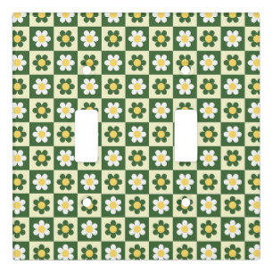 Retro Sage Green and Cream Daisy Checkerboard Light Switch Cover