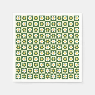 Retro Sage Green and Cream Daisy Checkerboard Napkins