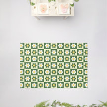 Retro Sage Green and Cream Daisy Checkerboard 