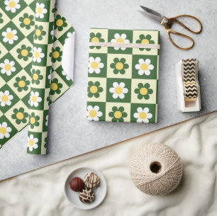 Retro Sage Green and Cream Daisy Checkerboard Wrapping Paper