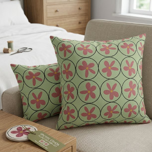 Retro Sage Green and Pink Floral Accent Pillow