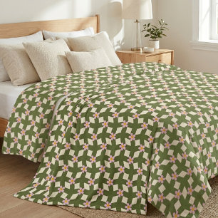 Retro Sage Green and Pink Geometric Floral Bedding Fleece Blanket