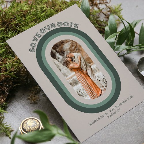 Retro Sage Green Arch Photo Save Our Date   Invitation