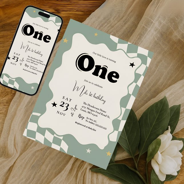 Retro Sage Green Checkered Groovy One 1st Birthday Invitation (Creator Uploaded)