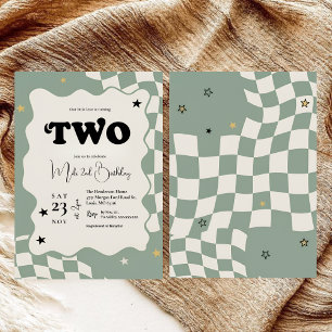 Retro Sage Green Checkered Groovy Two 2nd Birthday Invitation