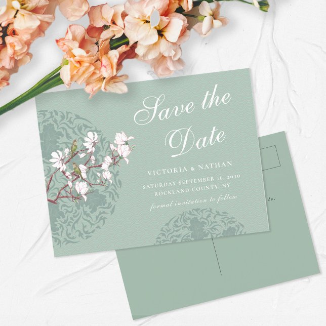 Retro Sage Green Chinoiserie Save the Date Holiday Postcard (Creator Uploaded)