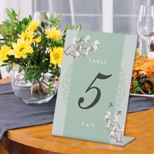 Retro Sage Green Chinoiserie Table Number  Pedestal Sign