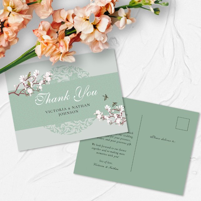 Retro Sage Green Chinoiserie Thank You Postcard (Creator Uploaded)