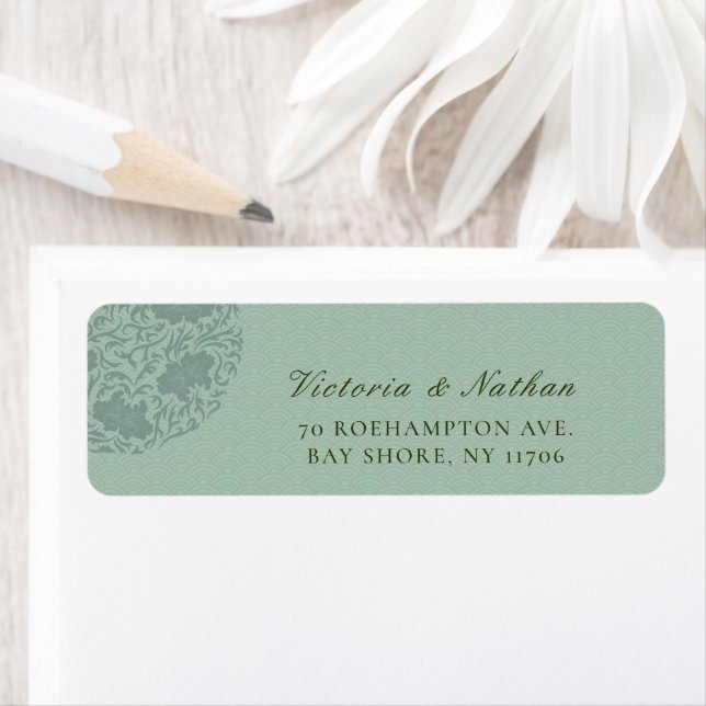 Retro Sage Green Chinoiserie Wedding Address Label (Insitu)