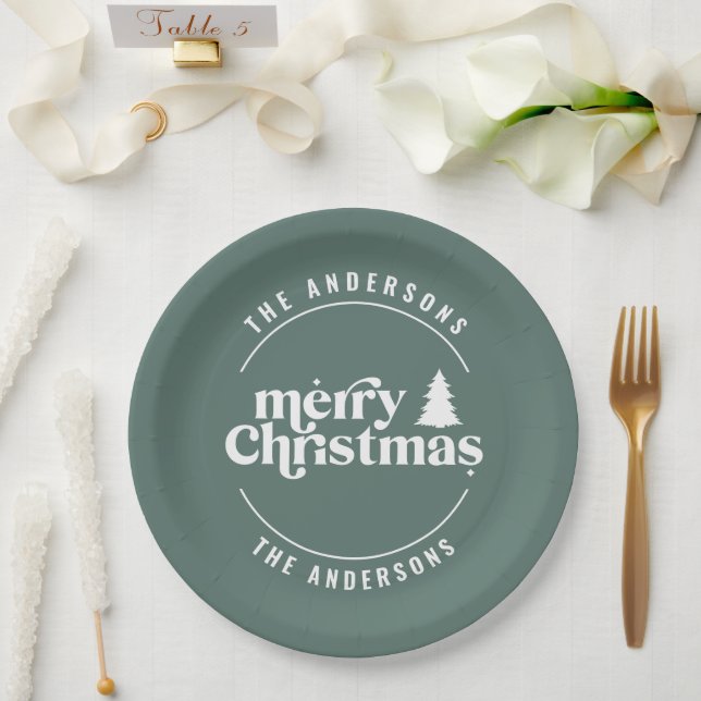 Retro Sage Green Christmas Modern Minimal Unique Paper Plates (Wedding)