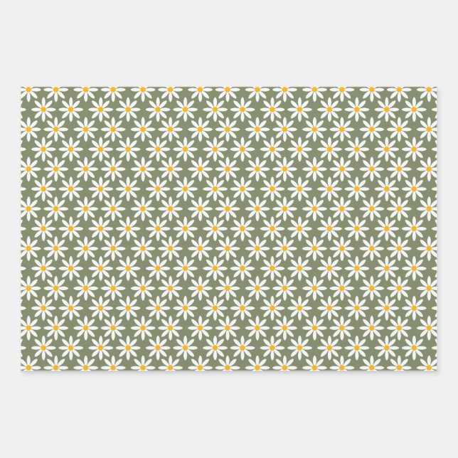 Retro Sage Green Daisies Floral Pattern  Wrapping Paper Sheets (Front)