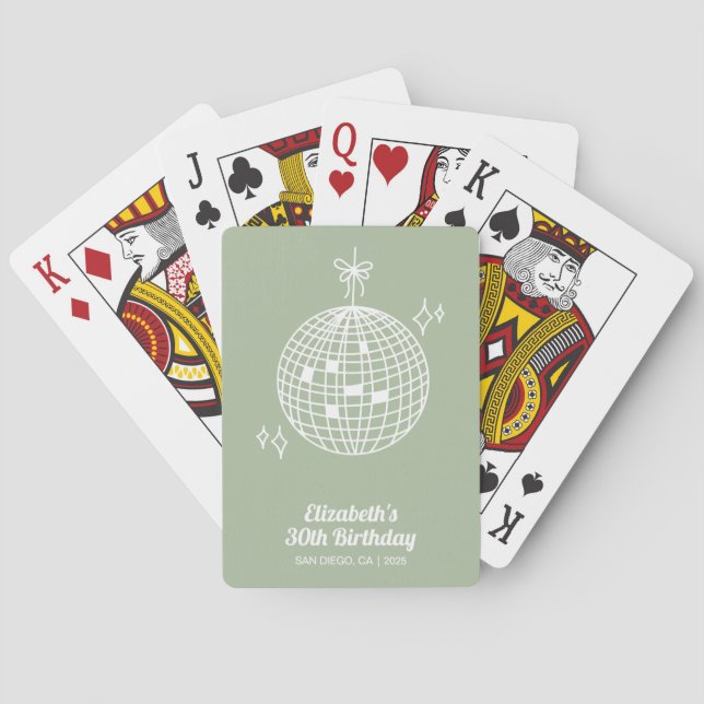 Retro Sage Green Disco Ball Birthday Personalized Poker Cards (Back)