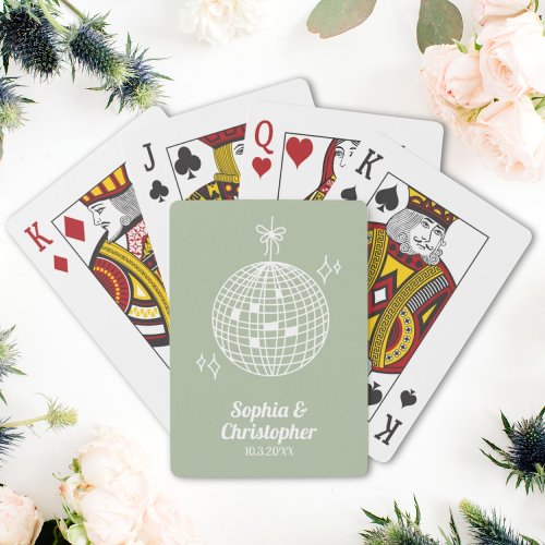 Retro Sage Green Disco Ball Wedding Personalized Poker Cards
