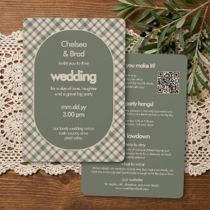 Retro Sage Green Plaid All-in-One Wedding Invitation
