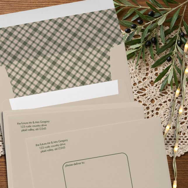 Retro Sage Green Plaid Pattern Wedding Envelope (Addressed Invitation Envelope from the Sage Green Retro Plaid Wedding Collection by Darling & May)