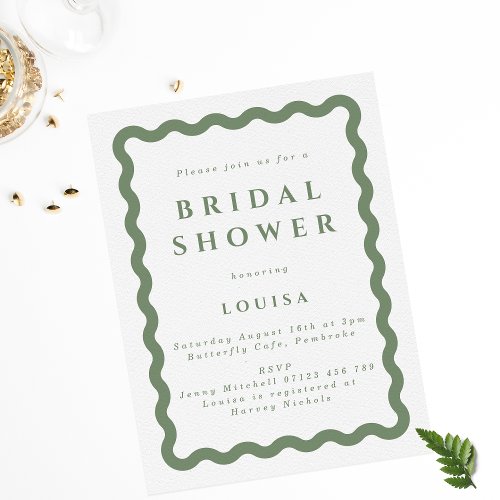 Retro Sage Green Squiggle Frame Bridal Shower Invitation