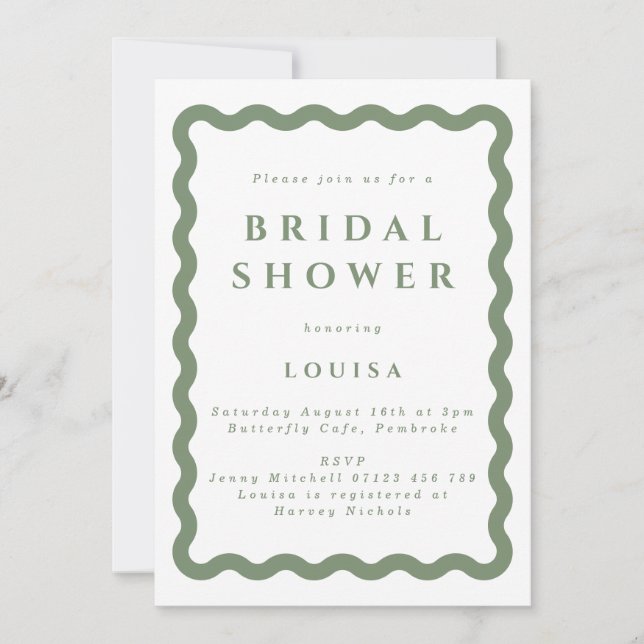Retro Sage Green Squiggle Frame Bridal Shower Invitation