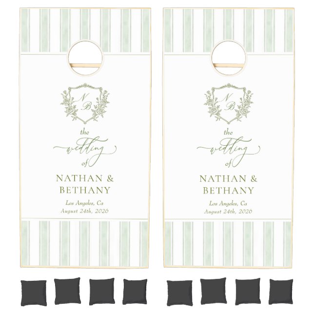 Retro Sage Green Stripe Wedding Cornhole Set (Set)
