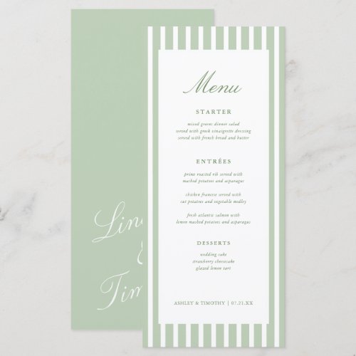 Retro Sage Green Stripes Wedding Table Menu Cards