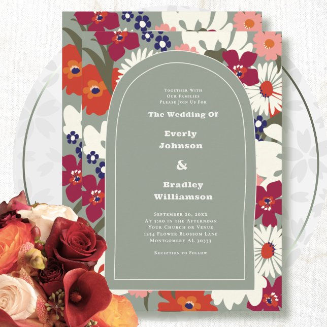  Retro Sage Green Summer Autumn Bold Boho Wedding Invitation (Creator Uploaded)