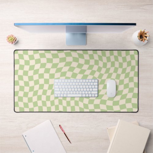 Retro Sage Green Wavy Checkered Pattern Desk Mat