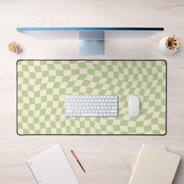 Retro Sage Green Wavy Checkered Pattern Desk Mat (Office 1)