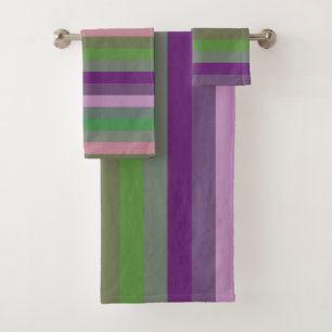 Retro Sage & Lilac Muted Rainbow Stripe Pattern Bath Towel Set