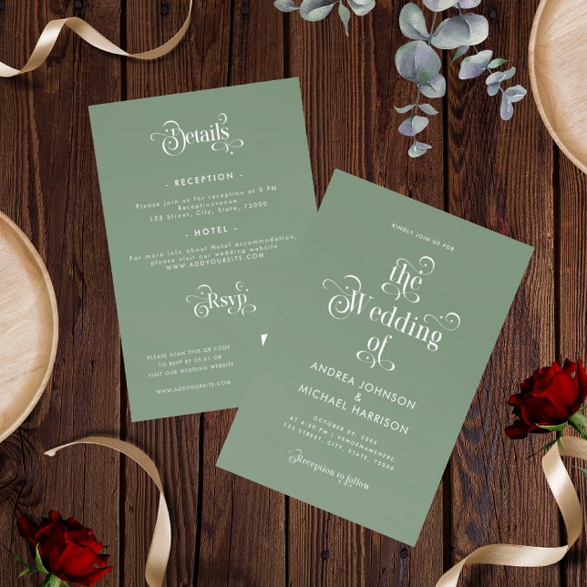 Retro Sage Moss Green All In One QR Code Wedding Invitation (Creator Uploaded)