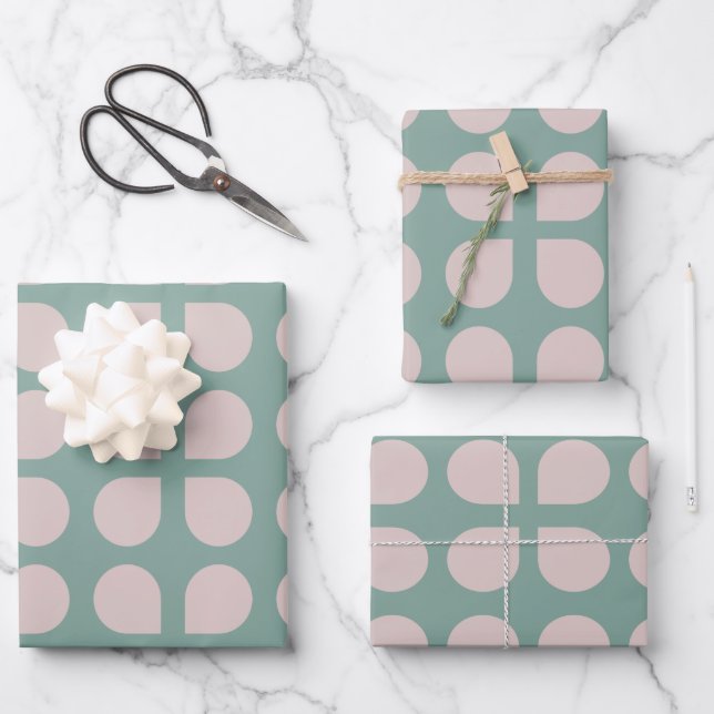 Retro Sage Pastel Mid Century Petals Pattern Wrapping Paper Sheets (Front)