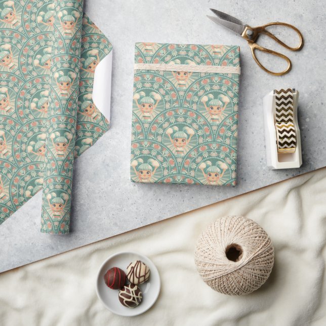 Retro Sage & Sand Cheerleader Mandala Deco Scallop Wrapping Paper (Crafts)