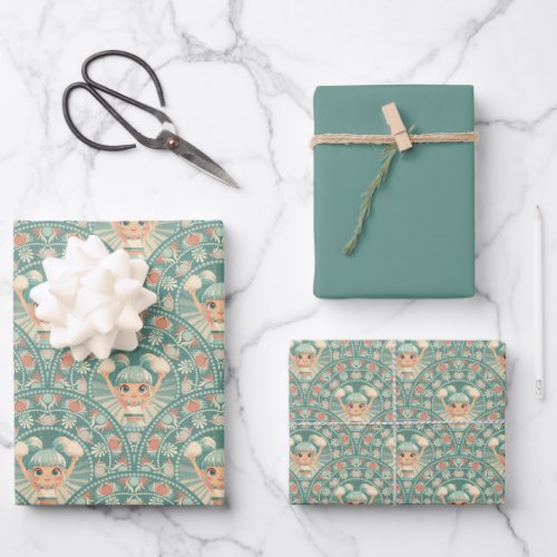 Retro Sage &amp; Sand Cheerleader Mandala Deco Scallop Wrapping Paper Sheets