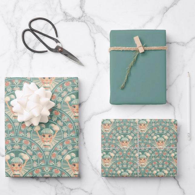 Retro Sage & Sand Cheerleader Mandala Deco Scallop Wrapping Paper Sheets (Front)