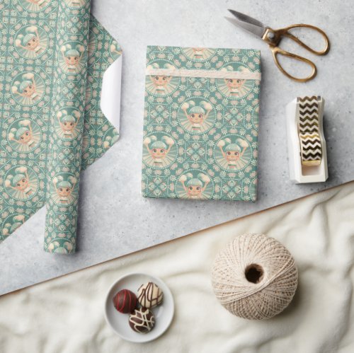Retro Sage Sand Cheerleader Mandala Diamond Tile Wrapping Paper